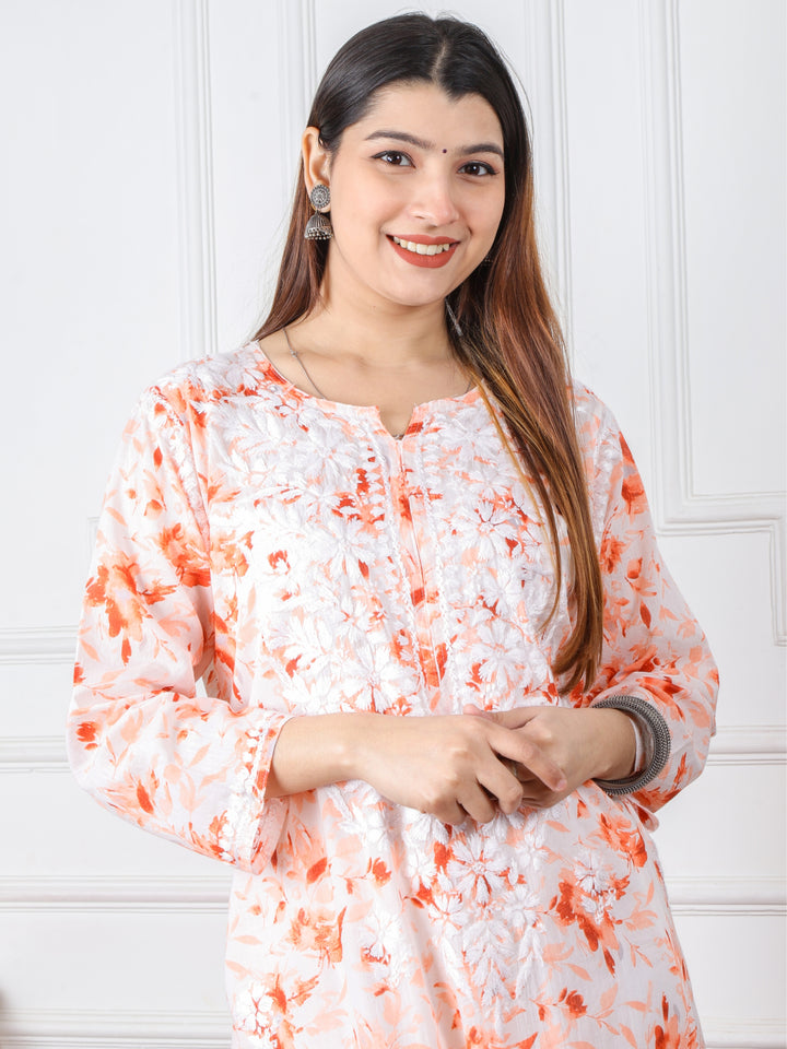 Kalakaar Rust Orange Floral Printed Chikankari Mul Cotton Kurti