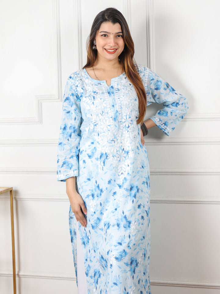Kalakaar Sky Blue Floral Printed Chikankari Mul Cotton Kurti