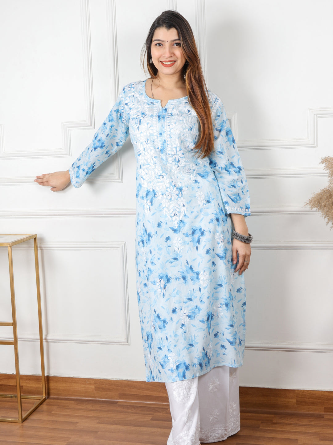 Kalakaar Sky Blue Floral Printed Chikankari Mul Cotton Kurti