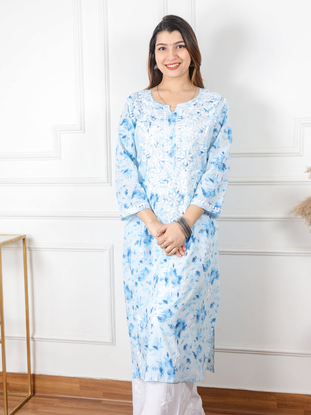 Kalakaar Sky Blue Floral Printed Chikankari Mul Cotton Kurti