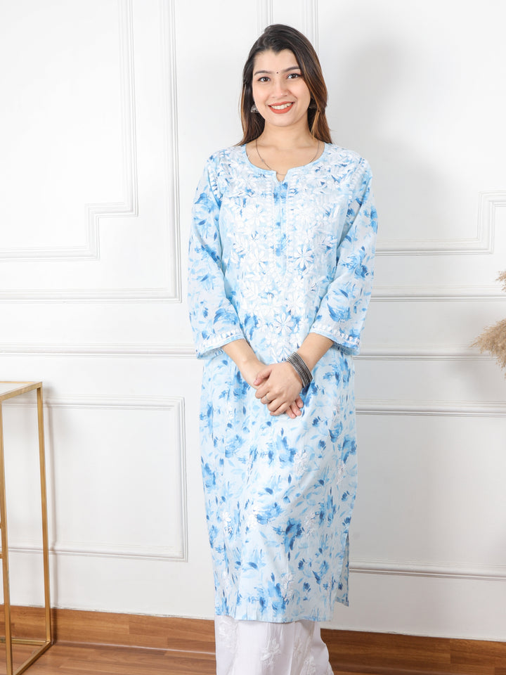 Kalakaar Sky Blue Floral Printed Chikankari Mul Cotton Kurti