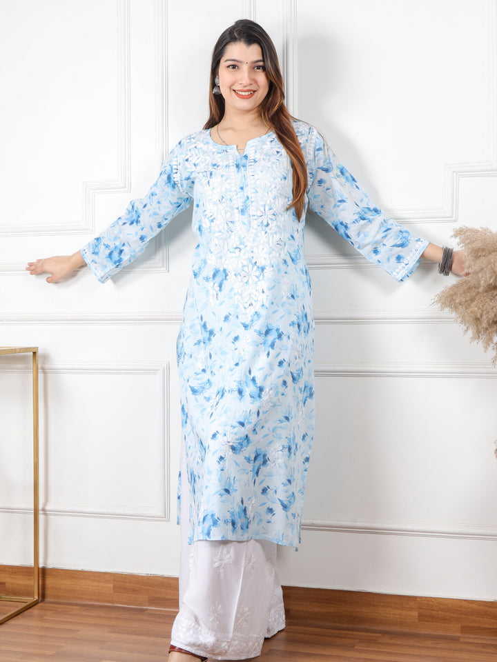 Kalakaar Sky Blue Floral Printed Chikankari Mul Cotton Kurti