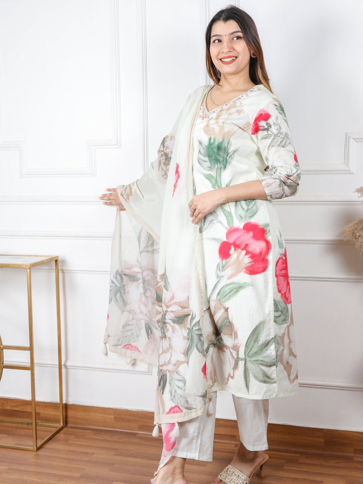 Rukhsati Pistachio White Embellish V Neck Floral Printed Cotton 3 Piece Set