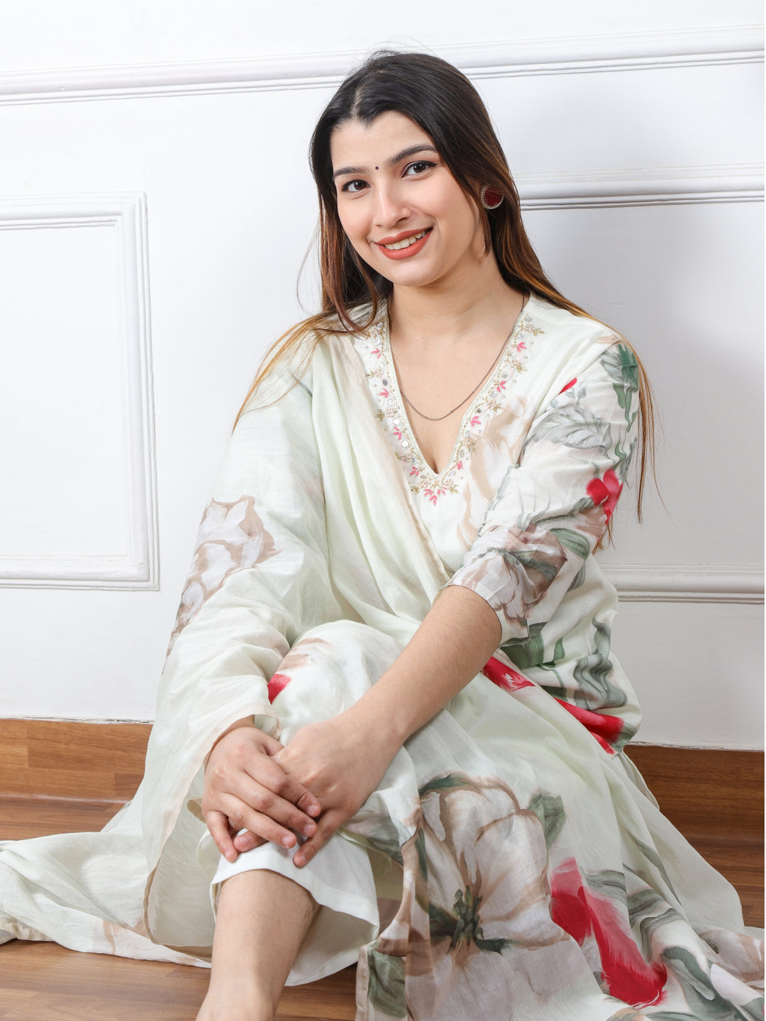 Rukhsati Pistachio White Embellish V Neck Floral Printed Cotton 3 Piece Set