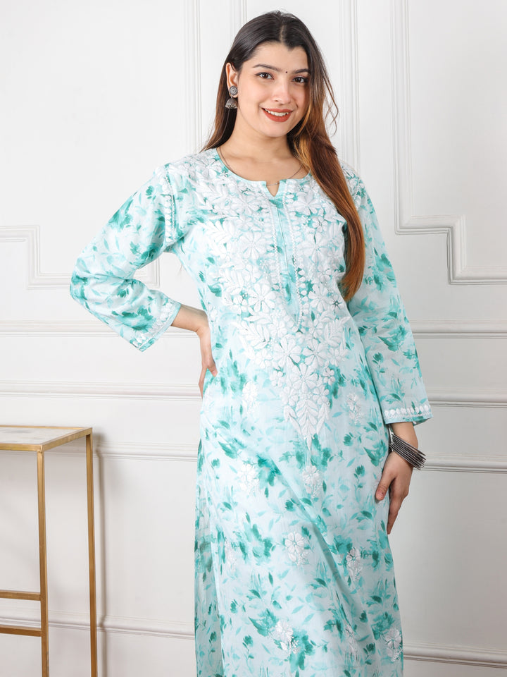 Kalakaar Ocean Green Floral Printed Chikankari Mul Cotton Kurti