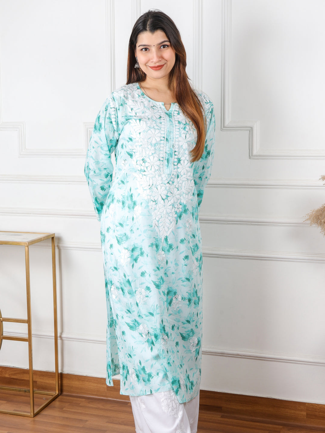 Kalakaar Ocean Green Floral Printed Chikankari Mul Cotton Kurti