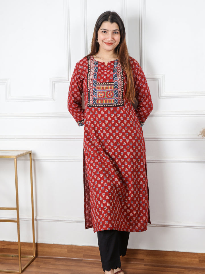 Chaahat Ruby Red Kutch Mirror Neck Work Ajrak Print Cotton Kurti