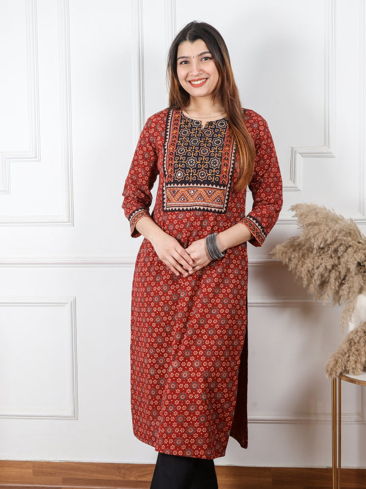 Chaahat Cherry Red Kutch Mirror Neck Work Print Cotton Kurti-D1