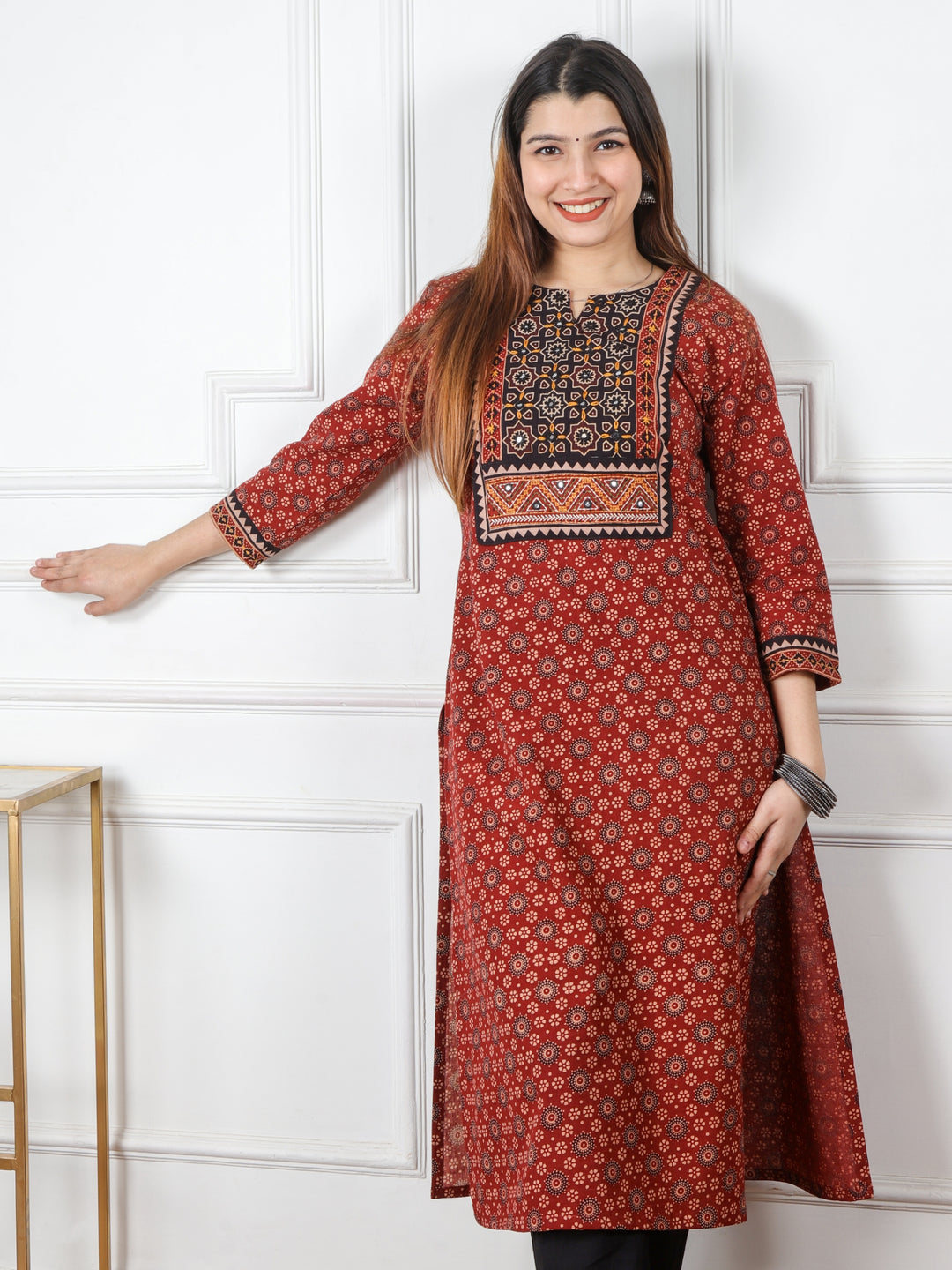 Chaahat Cherry Red Kutch Mirror Neck Work Print Cotton Kurti-D1