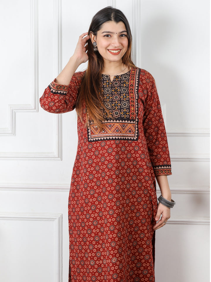 Chaahat Cherry Red Kutch Mirror Neck Work Print Cotton Kurti-D1