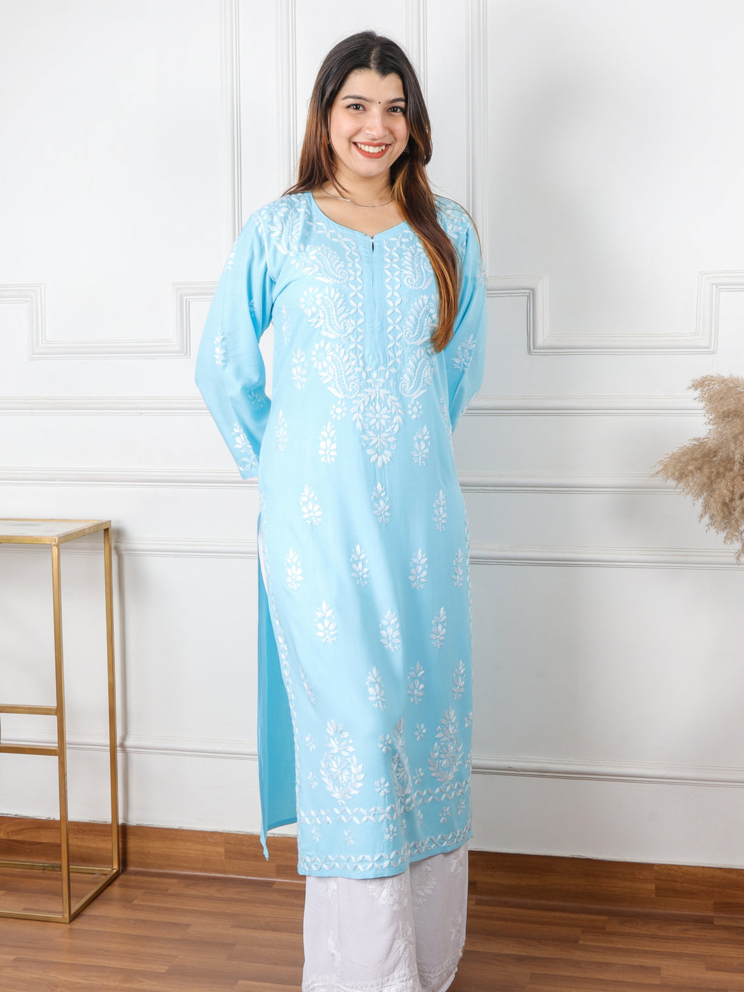 Kalakaar Baby Blue Chikankari Work Modal Kurti