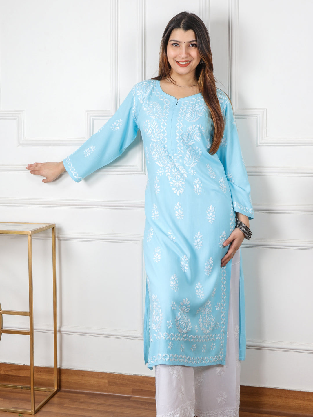 Kalakaar Baby Blue Chikankari Work Modal Kurti