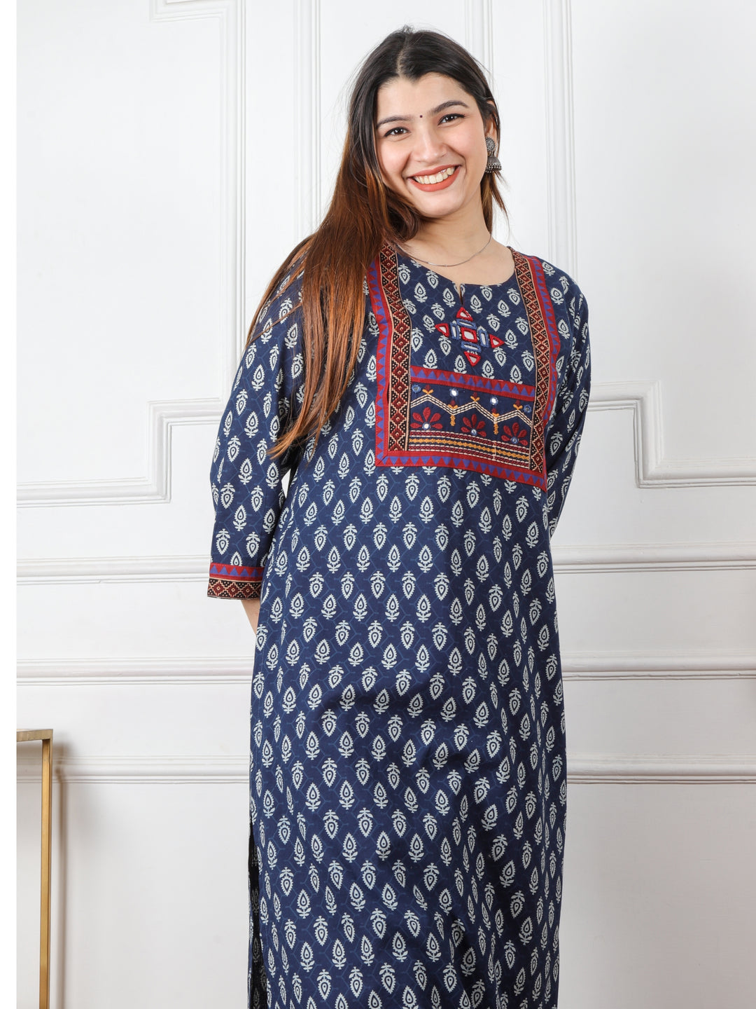 Chaahat Blue Kutch Mirror Neck Work Ajrak Print Cotton Kurti