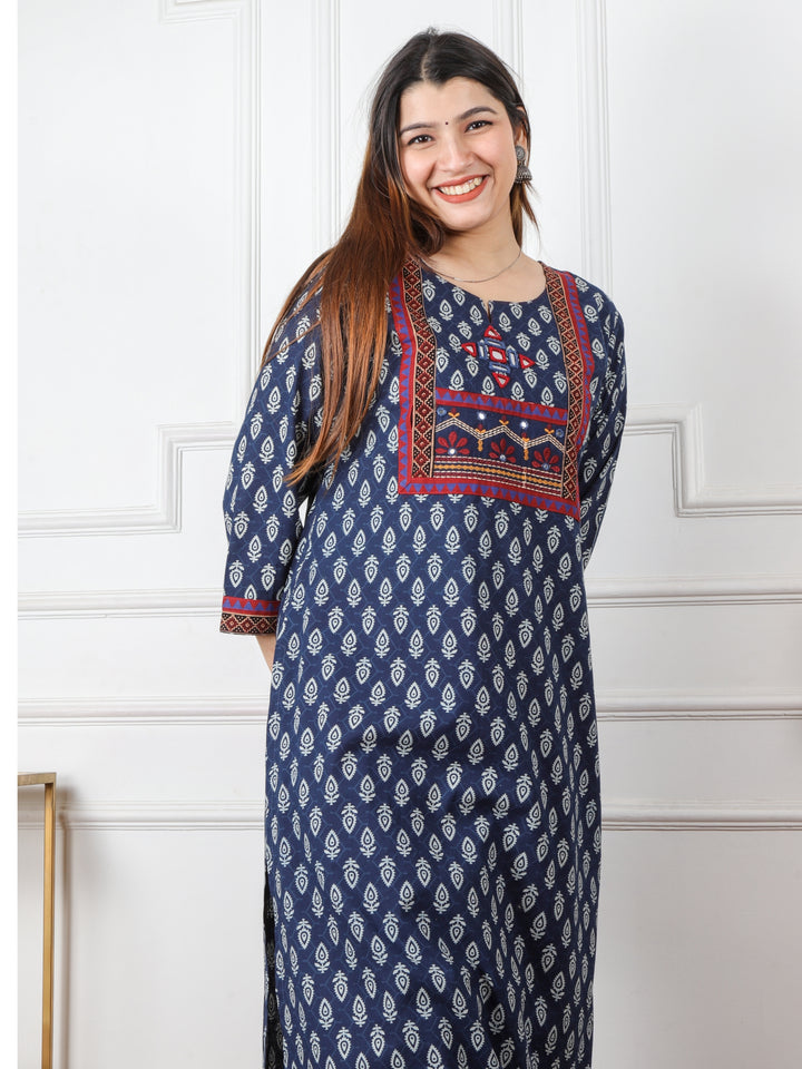 Chaahat Blue Kutch Mirror Neck Work Ajrak Print Cotton Kurti