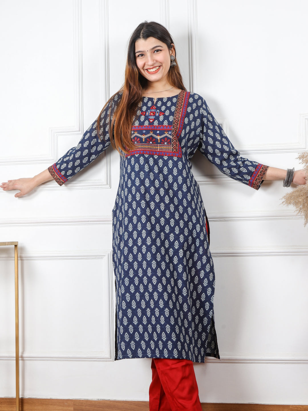 Chaahat Blue Kutch Mirror Neck Work Ajrak Print Cotton Kurti