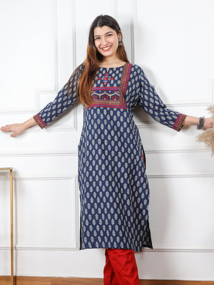Chaahat Blue Kutch Mirror Neck Work Ajrak Print Cotton Kurti