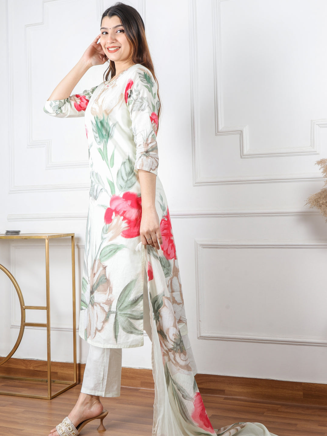 Rukhsati Pistachio White Embellish V Neck Floral Printed Cotton 3 Piece Set