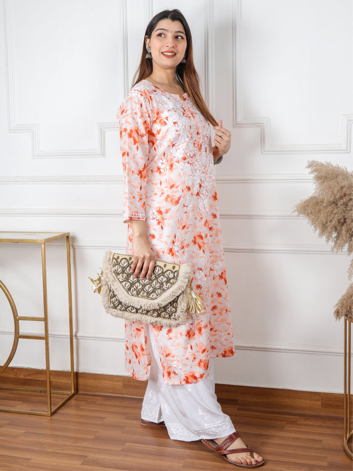 Kalakaar Rust Orange Floral Printed Chikankari Mul Cotton Kurti
