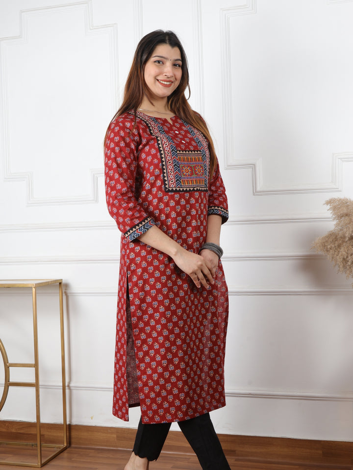 Chaahat Ruby Red Kutch Mirror Neck Work Ajrak Print Cotton Kurti