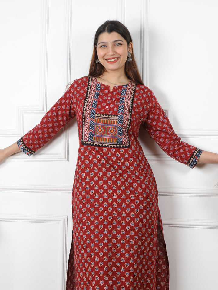 Chaahat Ruby Red Kutch Mirror Neck Work Ajrak Print Cotton Kurti