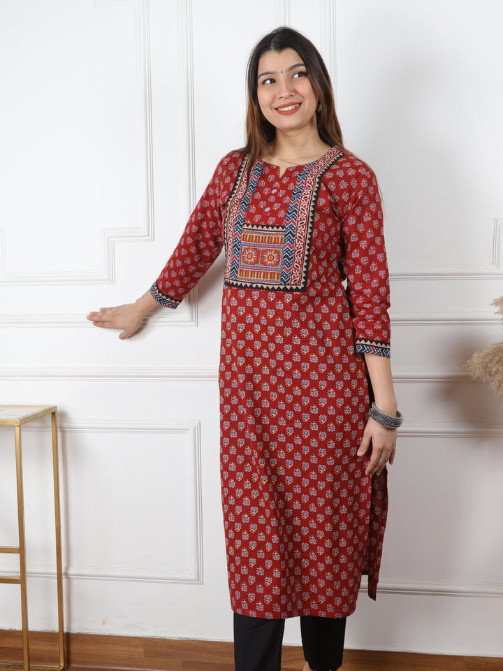 Chaahat Ruby Red Kutch Mirror Neck Work Ajrak Print Cotton Kurti