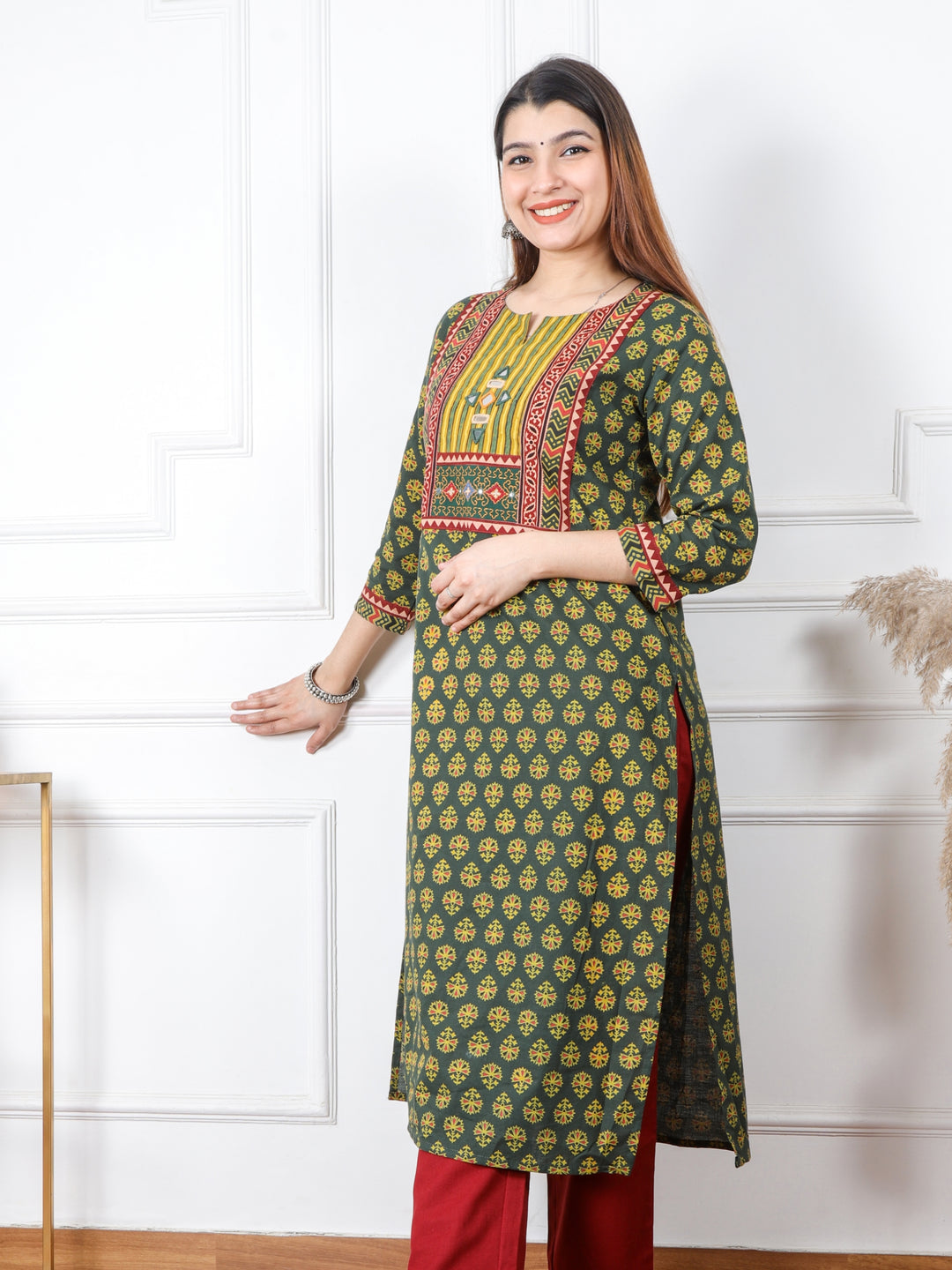 Chaahat Grass Green Kutch Mirror Neck Work Ajrak Print Cotton Kurti-D2