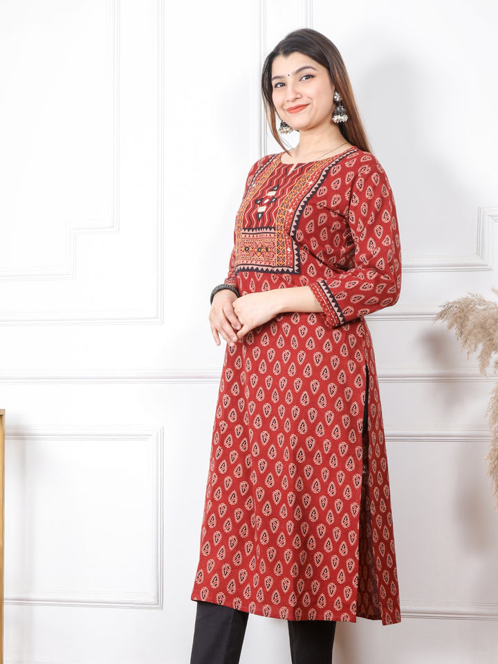 Chaahat Cherry Red Kutch Mirror Neck Work Print Cotton Kurti-D2