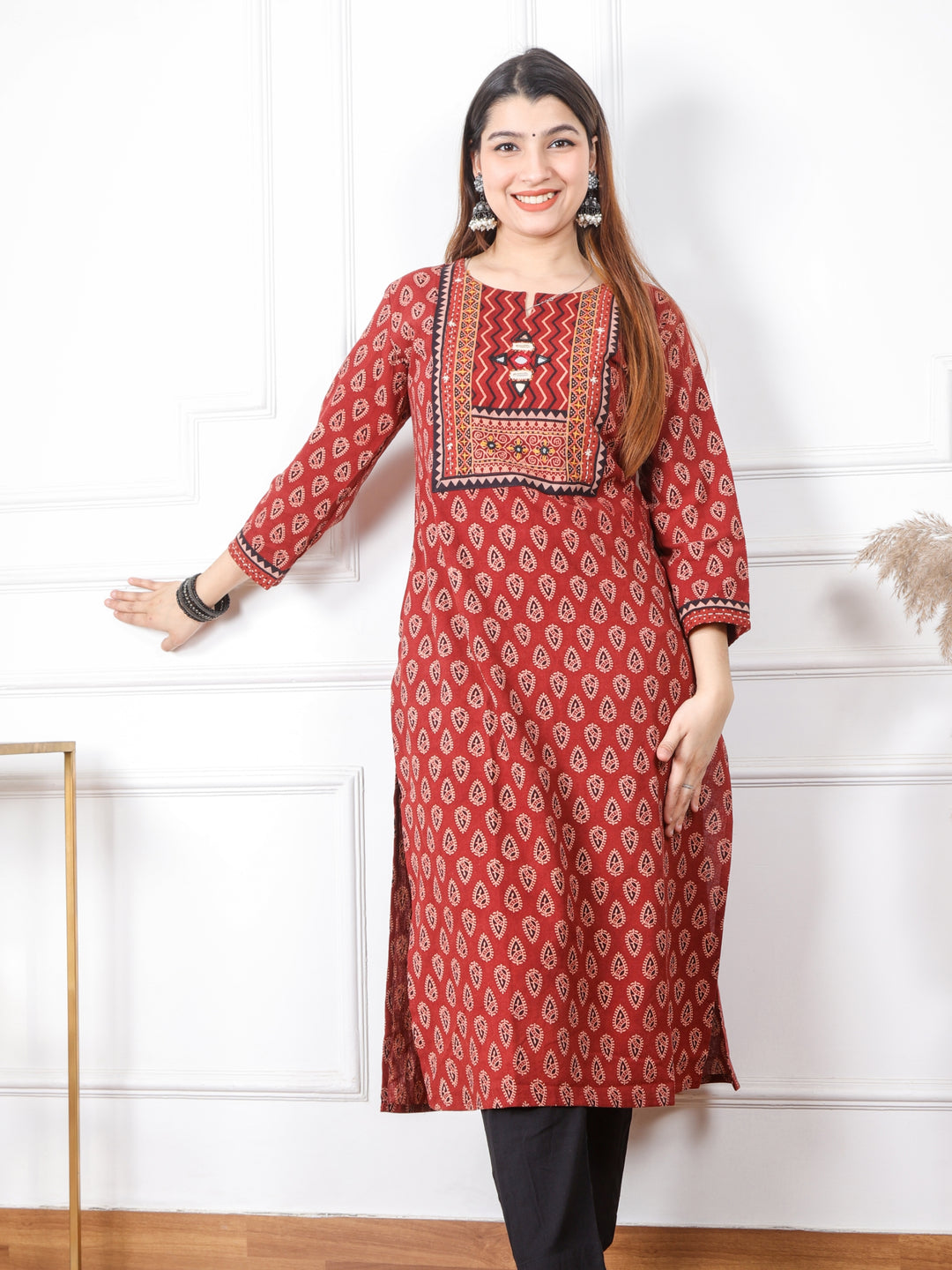 Chaahat Cherry Red Kutch Mirror Neck Work Print Cotton Kurti-D2