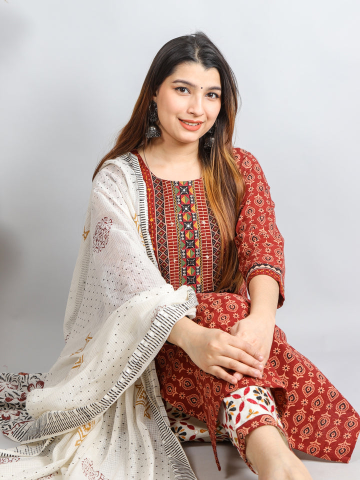 Chaahat Cherry Red Kutch Mirror Neck Work Print Cotton 3 Piece Set D1