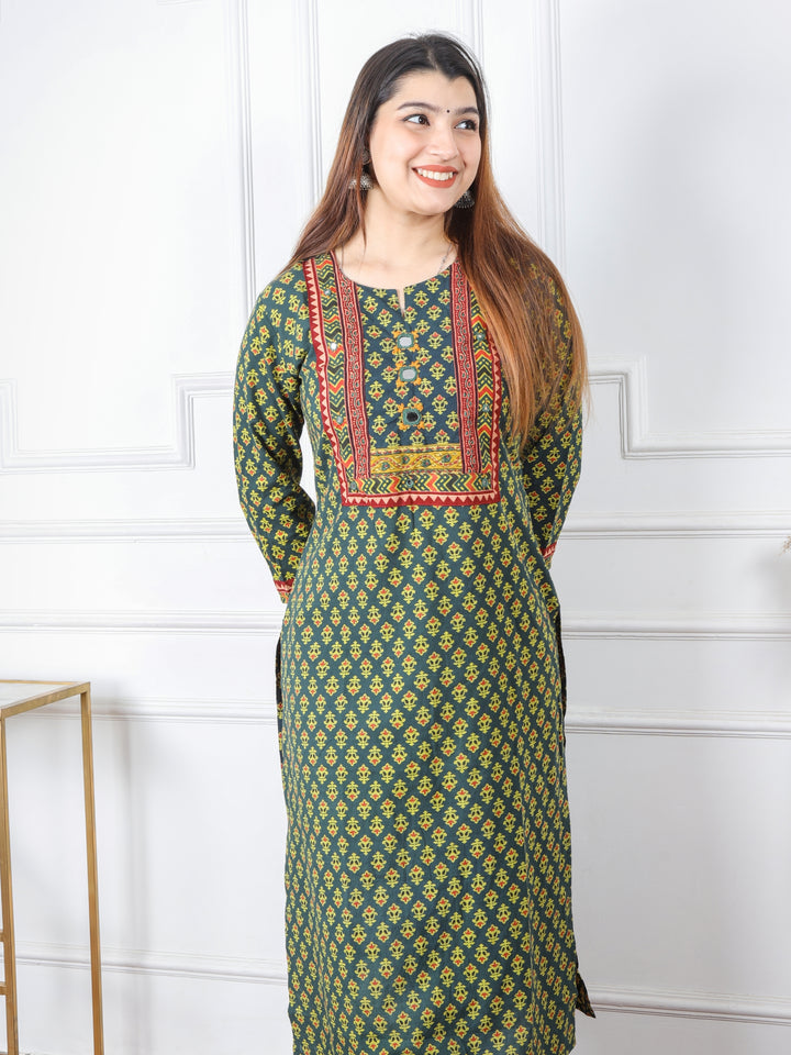 Chaahat Grass Green Kutch Mirror Neck Work Ajrak Print Cotton Kurti-D2