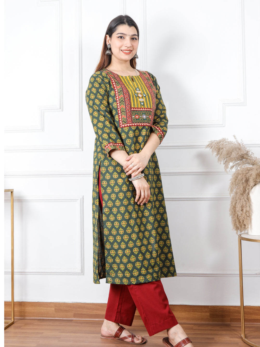 Chaahat Grass Green Kutch Mirror Neck Work Ajrak Print Cotton Kurti-D2