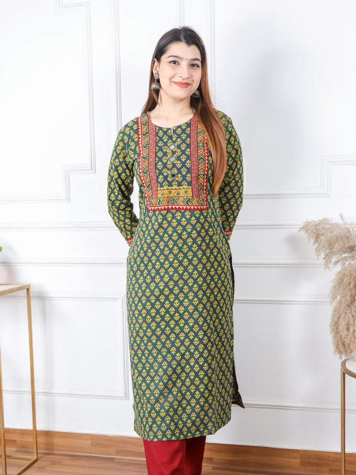 Chaahat Grass Green Kutch Mirror Neck Work Ajrak Print Cotton Kurti-D2