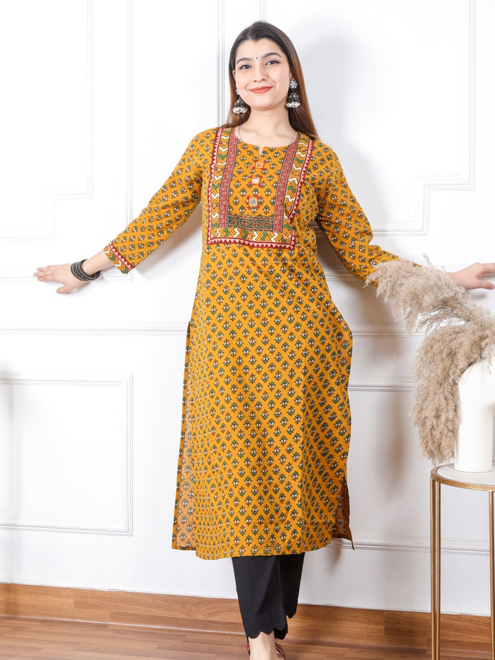 Ghoomar Dandelion Yellow Kutch Mirror Neck Work Ajrak Print Cotton Kurti-D1
