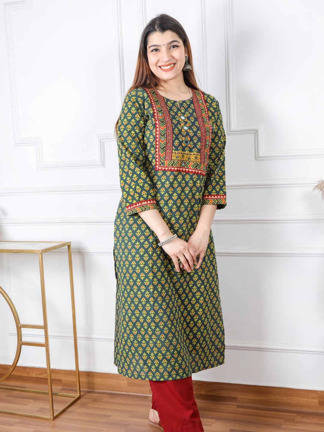 Chaahat Grass Green Kutch Mirror Neck Work Ajrak Print Cotton Kurti-D2