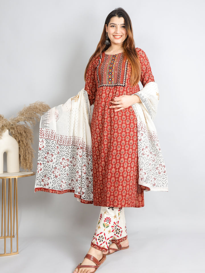 Chaahat Cherry Red Kutch Mirror Neck Work Print Cotton 3 Piece Set D1