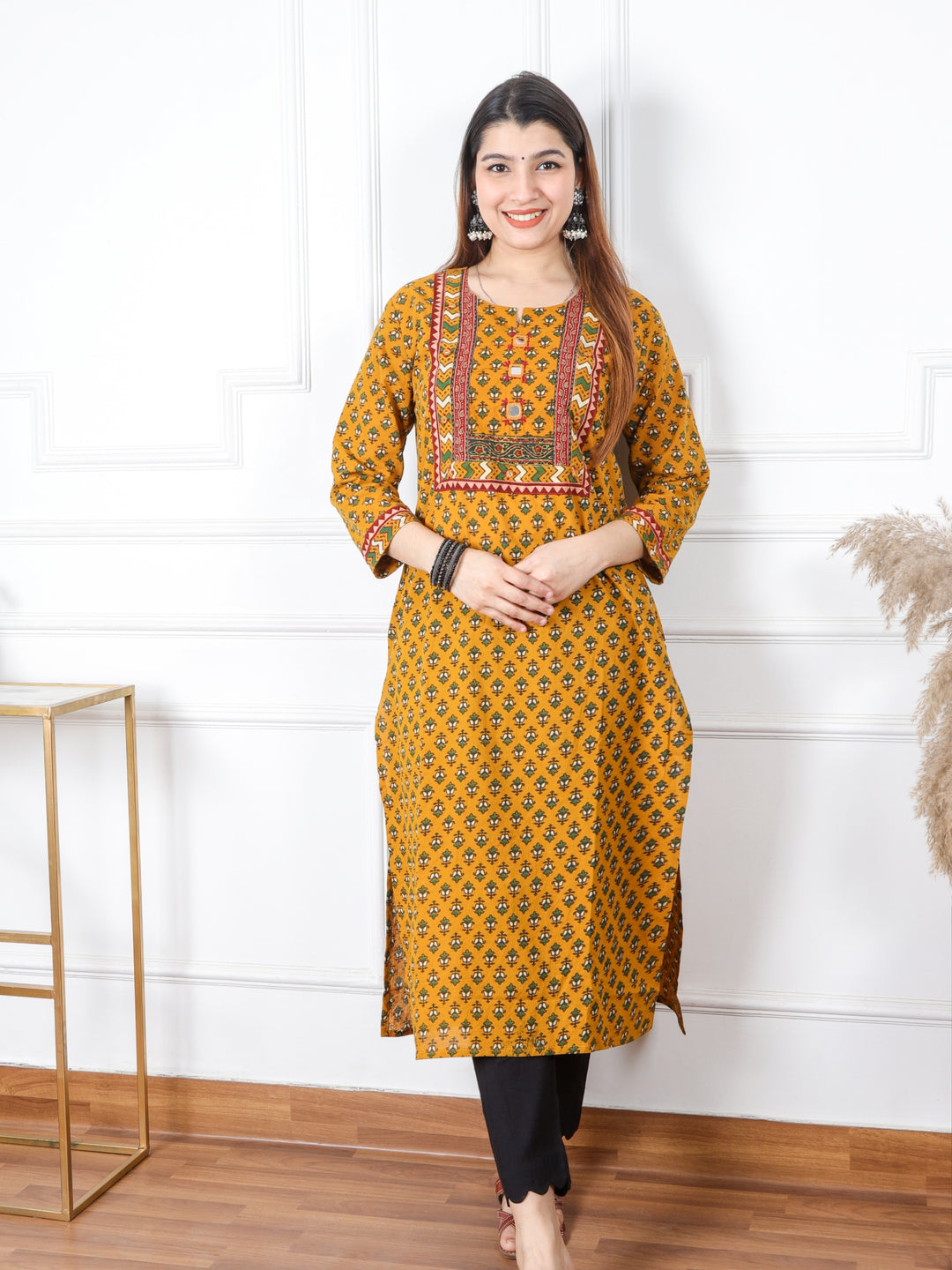 Ghoomar Dandelion Yellow Kutch Mirror Neck Work Ajrak Print Cotton Kurti-D1