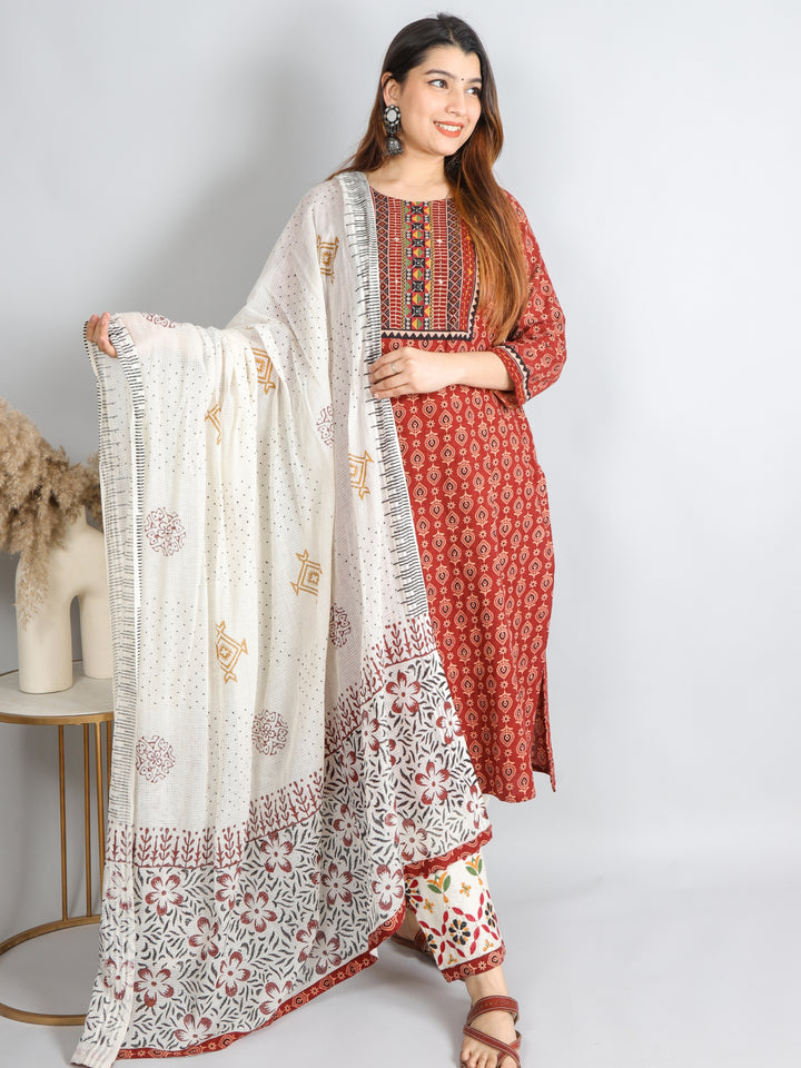 Chaahat Cherry Red Kutch Mirror Neck Work Print Cotton 3 Piece Set D1