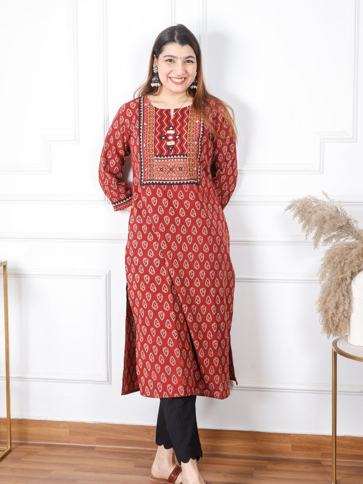 Chaahat Cherry Red Kutch Mirror Neck Work Print Cotton Kurti-D2