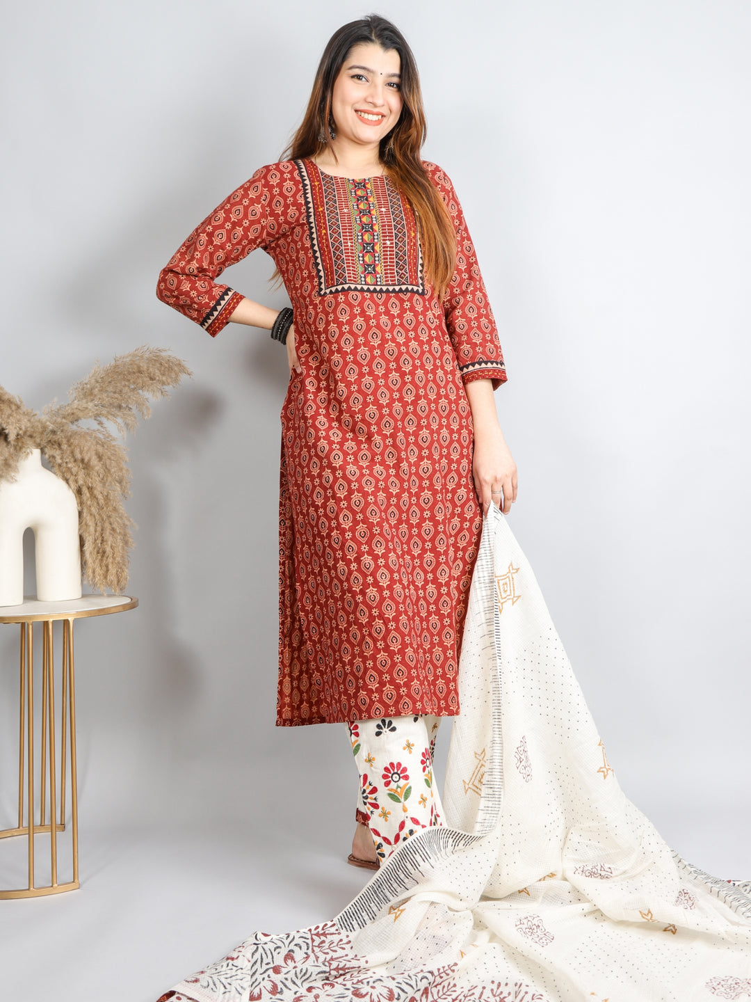 Chaahat Cherry Red Kutch Mirror Neck Work Print Cotton 3 Piece Set D1