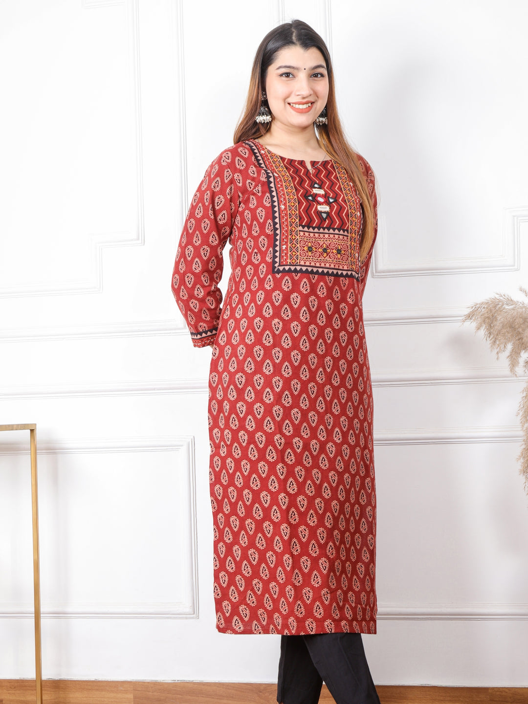 Chaahat Cherry Red Kutch Mirror Neck Work Print Cotton Kurti-D2