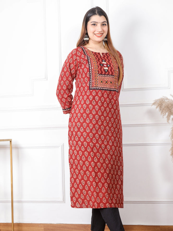 Chaahat Cherry Red Kutch Mirror Neck Work Print Cotton Kurti-D2
