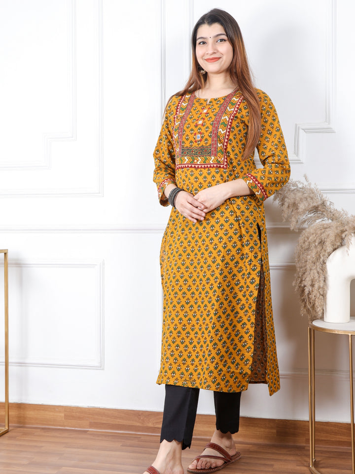 Ghoomar Dandelion Yellow Kutch Mirror Neck Work Ajrak Print Cotton Kurti-D1
