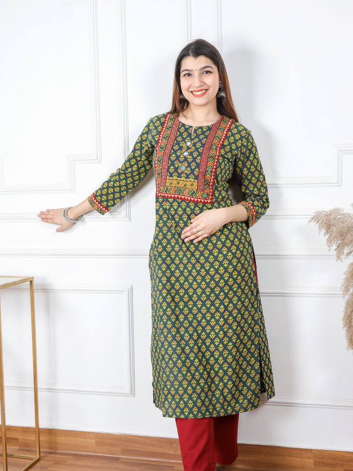 Chaahat Grass Green Kutch Mirror Neck Work Ajrak Print Cotton Kurti-D2