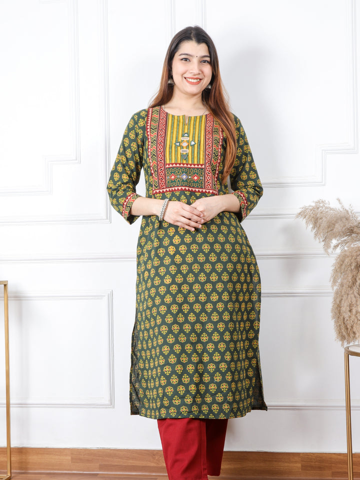 Chaahat Grass Green Kutch Mirror Neck Work Ajrak Print Cotton Kurti-D2