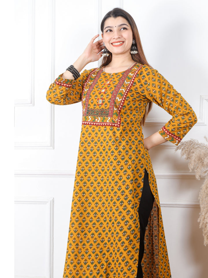 Ghoomar Dandelion Yellow Kutch Mirror Neck Work Ajrak Print Cotton Kurti-D1