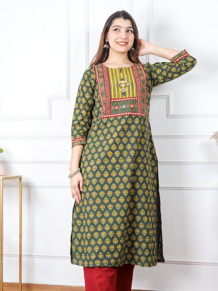 Chaahat Grass Green Kutch Mirror Neck Work Ajrak Print Cotton Kurti-D2