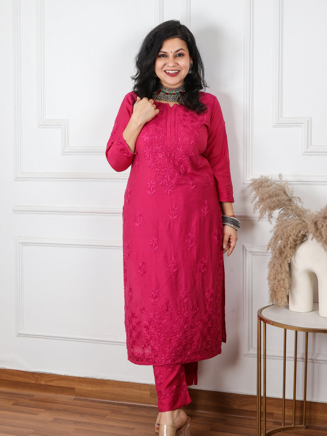 Nazakaat Magenta Pink Chanderi Chikankari 2 Piece Set