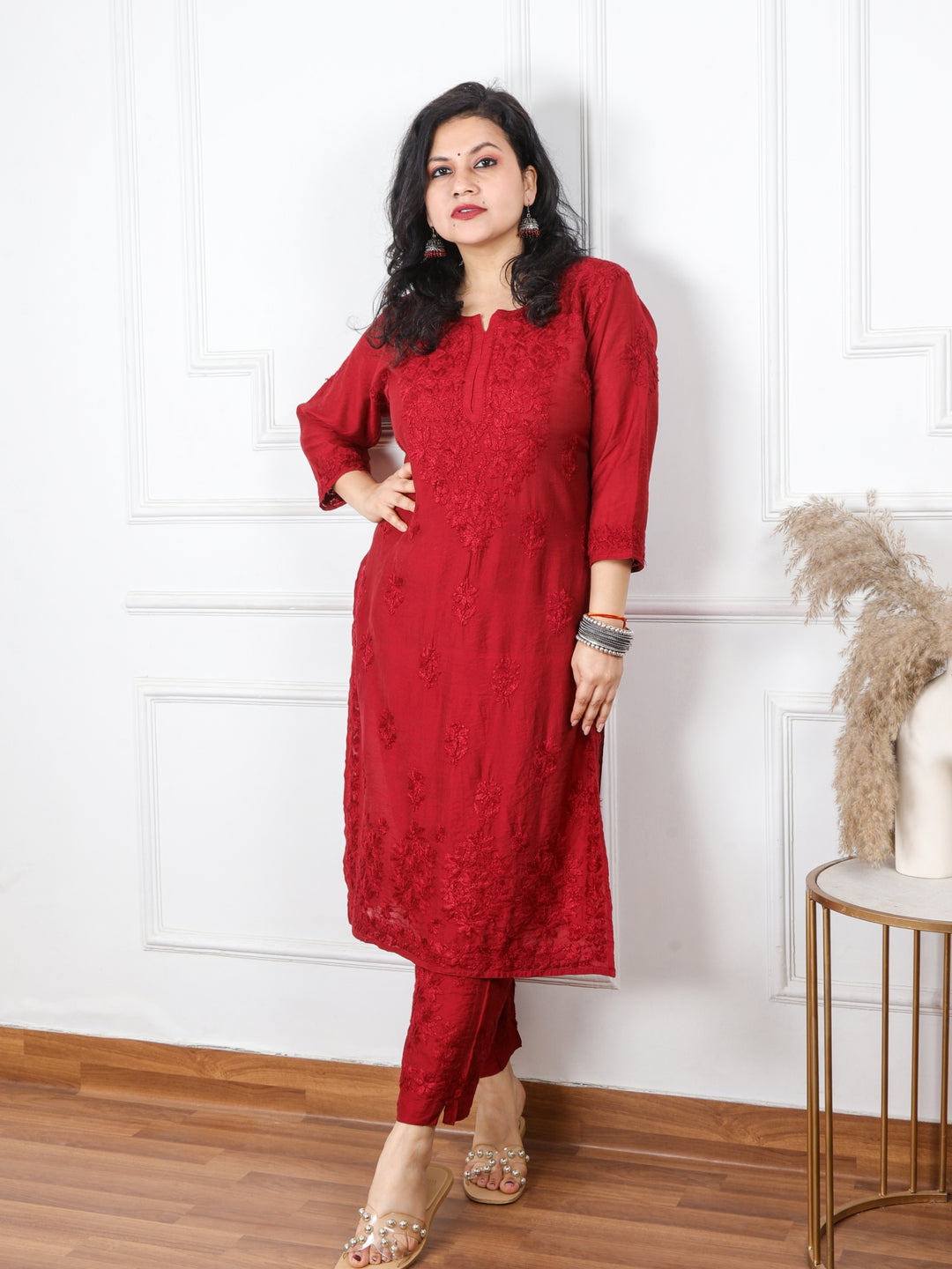 Nazakaat Dark Maroon Red Chanderi Chikankari 2 Piece Set