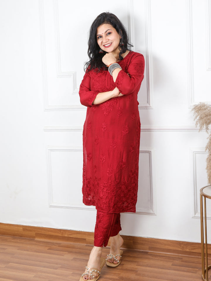 Nazakaat Dark Maroon Red Chanderi Chikankari 2 Piece Set
