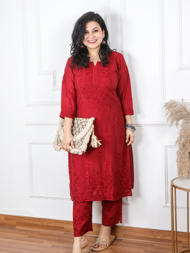 Nazakaat Dark Maroon Red Chanderi Chikankari 2 Piece Set